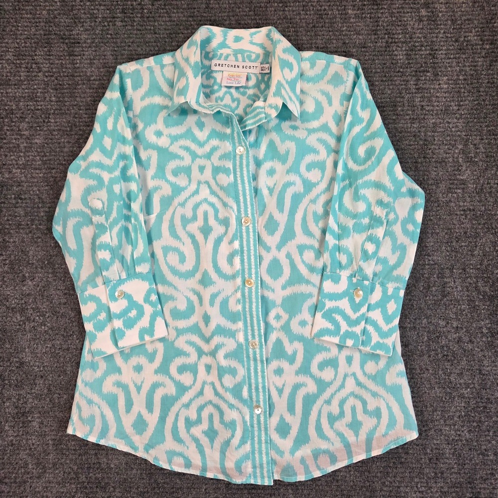 Gretchen Scott Turquoise White Ikat Damask Cotton Button Down Shirt XS